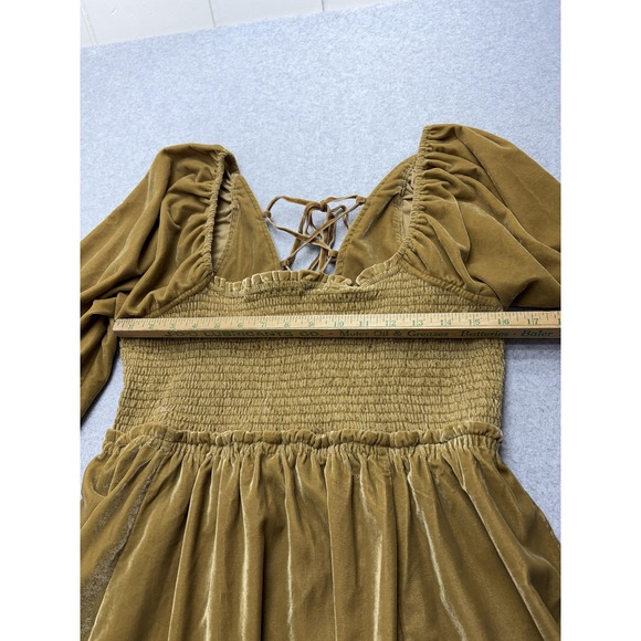 Free People Dress Womens Large Mustard Velvet Smocked Puff Sleeve Lace Up Back - Picture 7 of 15